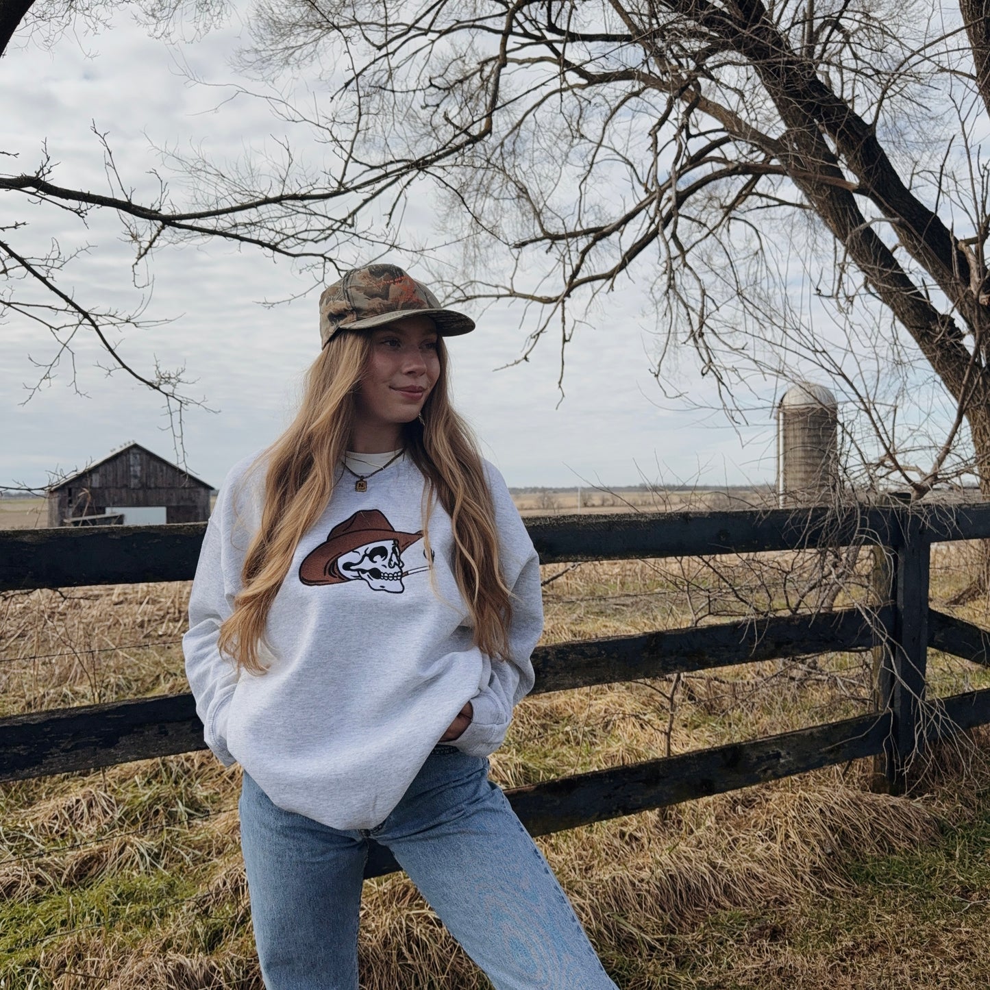 Cowboy Skeleton Embroidered Crewneck Sweatshirt