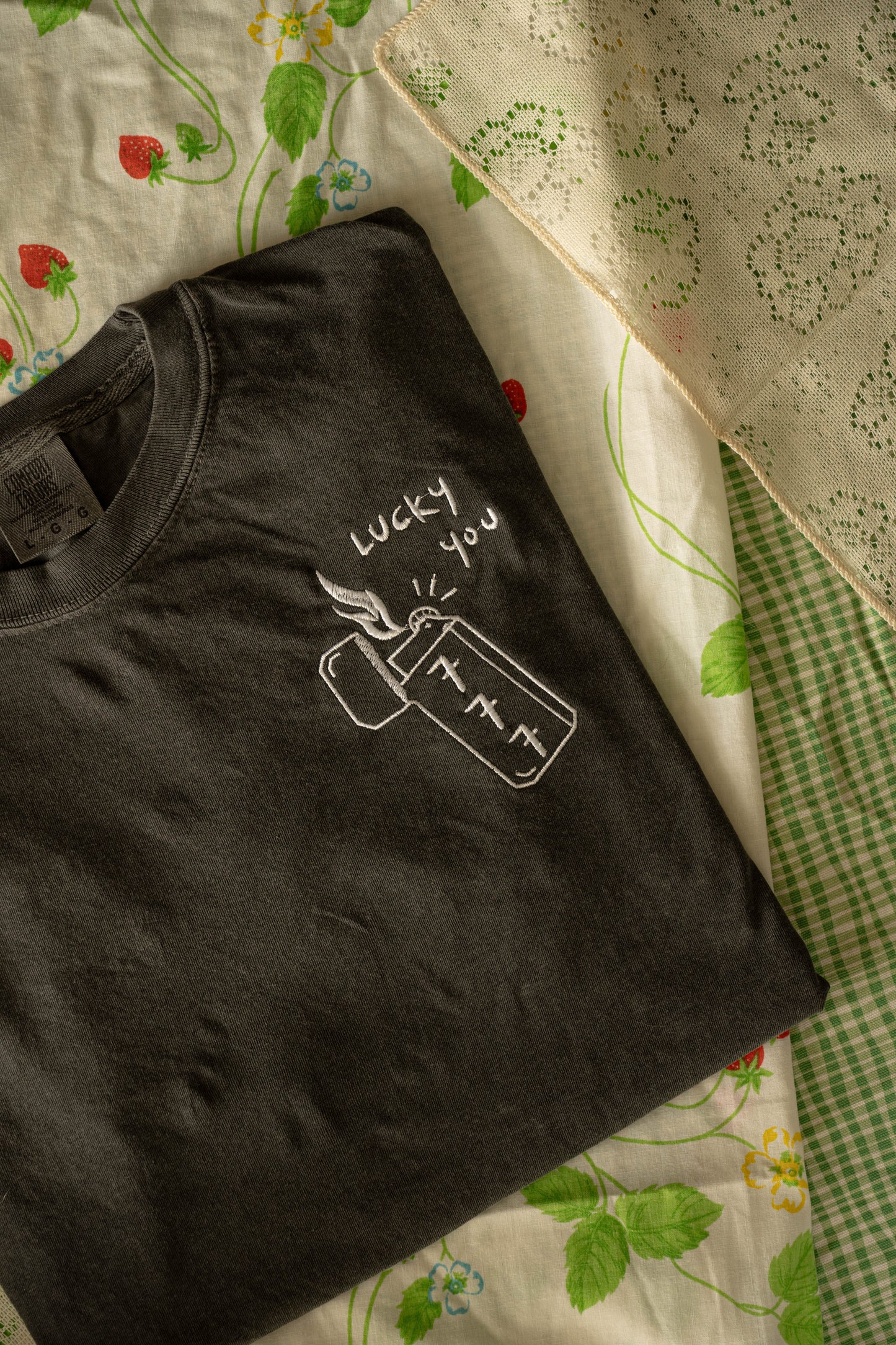 "Lucky you" Lighter Embroidered Gray Comfort Colors Tshirt