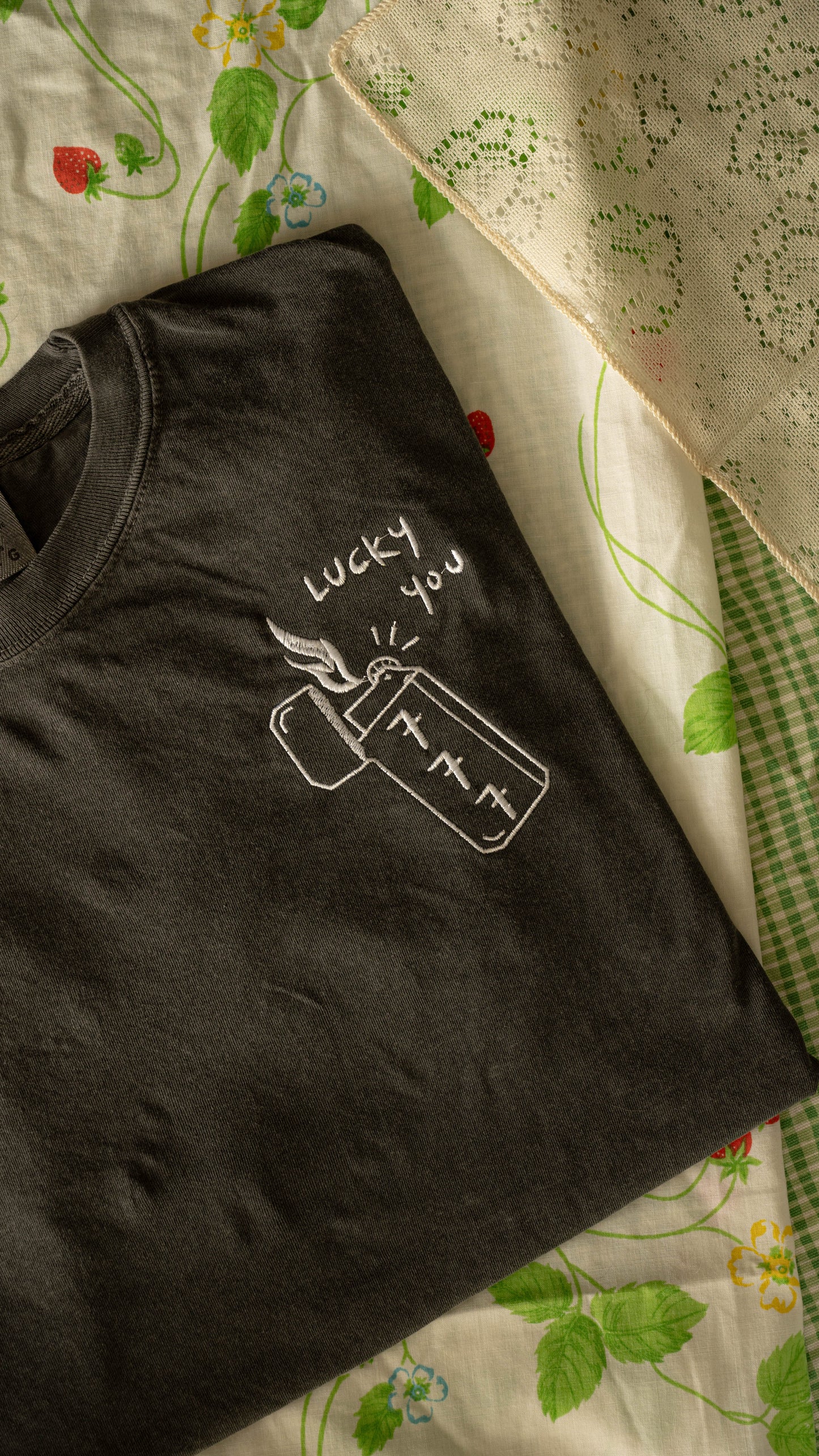 "Lucky you" Lighter Embroidered Gray Comfort Colors Tshirt