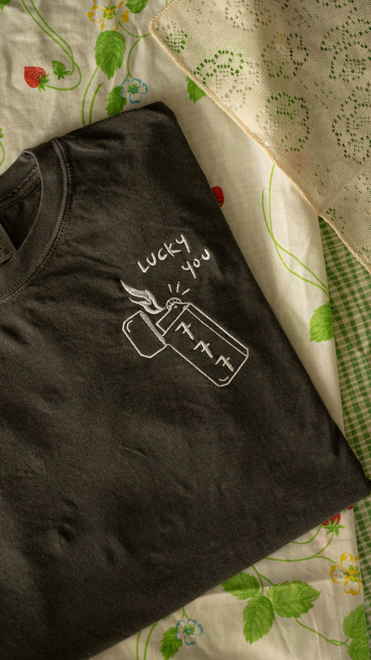 "Lucky you" Lighter Embroidered Gray Comfort Colors Tshirt